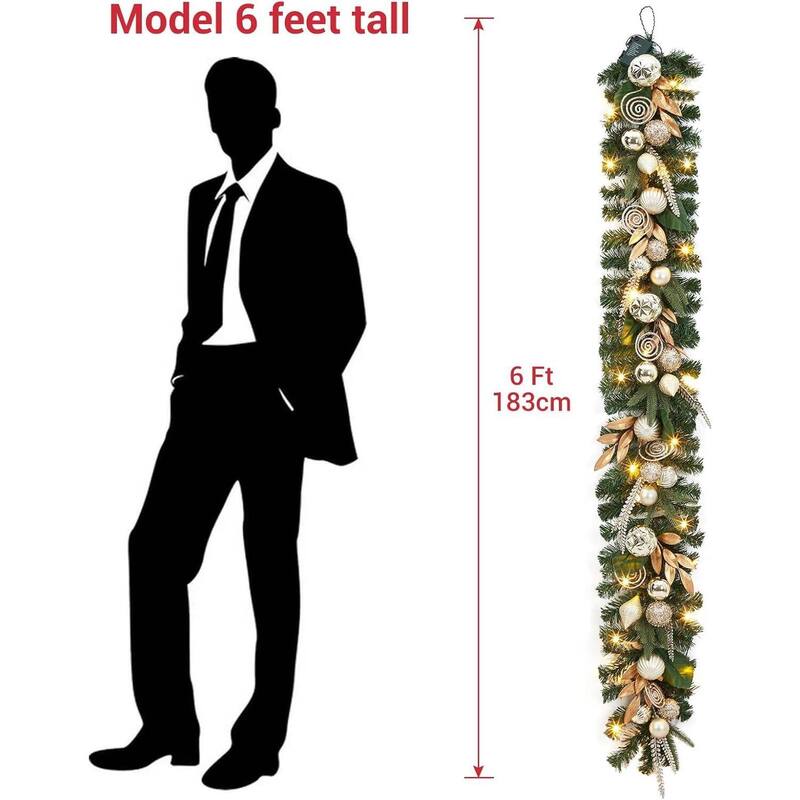 6 Ft Lighted Christmas Garland with Gold Leaves & Ball Ornaments - N/A
