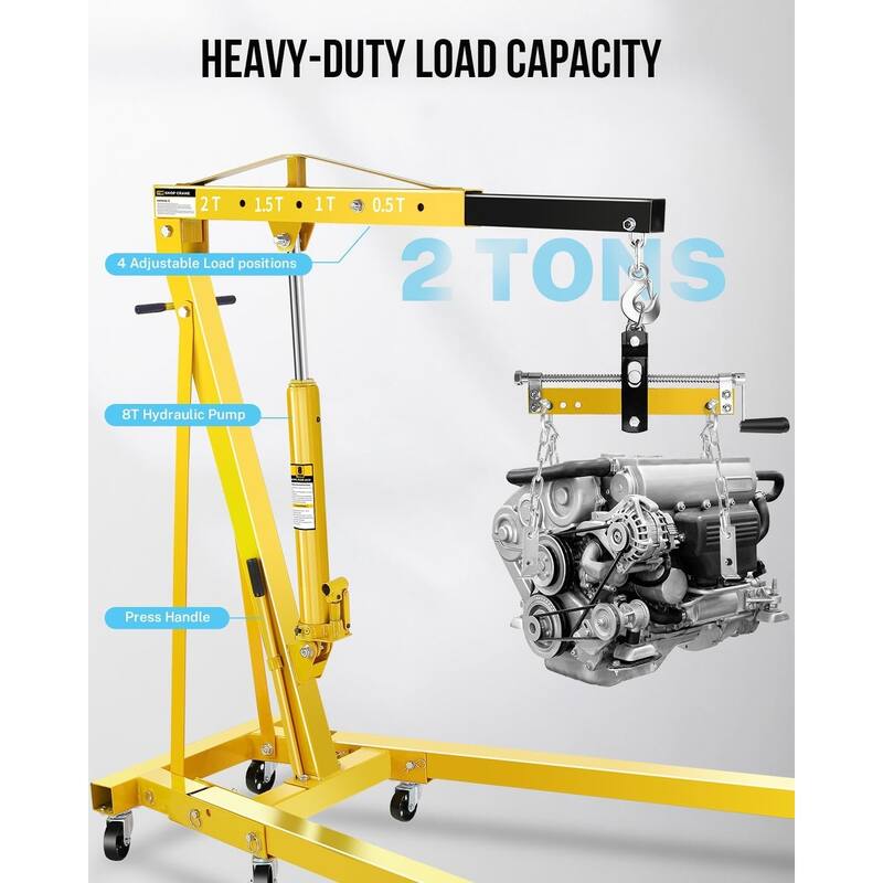 2-Ton Shop Crane, Hydraulic Folding Engine Hoist w/6 Steel Casters