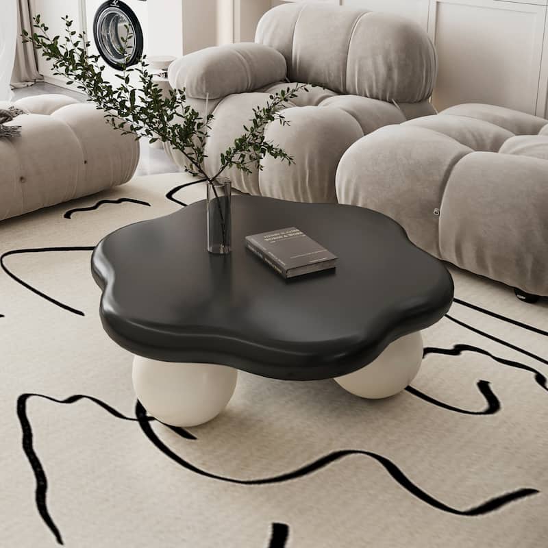 35" Cloud Shaped Modern Minimalist Coffee Table with Spherical Legs - Black Top+White Legs