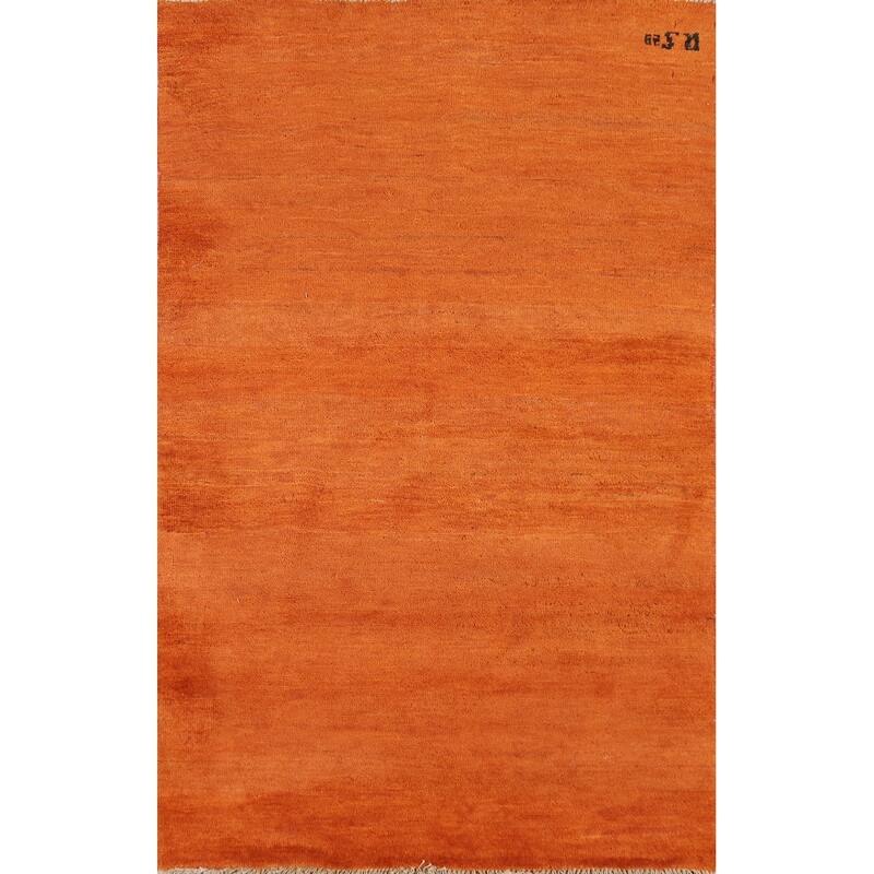 Orange Modern Gabbeh Foyer Rug Solid Hand-Knotted Wool Carpet - 3'1" x 4'11"