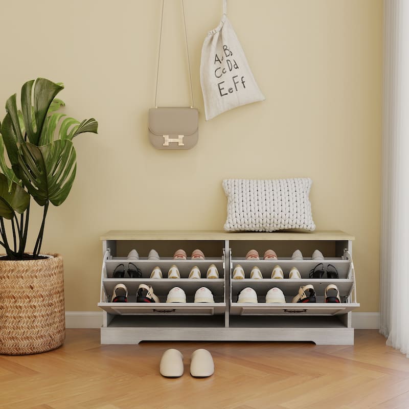 Antique White Shoe Storage Bench Featuring Flip-Up Drawers and Adjustable Shelf for Entryway, Hallway or Bedroom Use