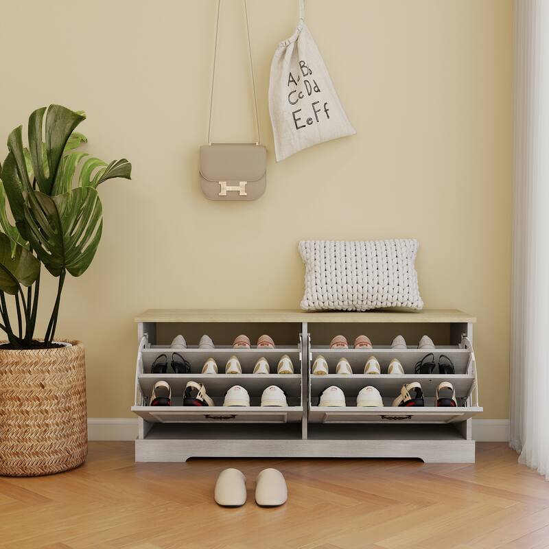 Shoe Storage Bench with 2 Flip Drawers and Adjustable Shelf for Entryway, Hallway, Bedroom-Antique White