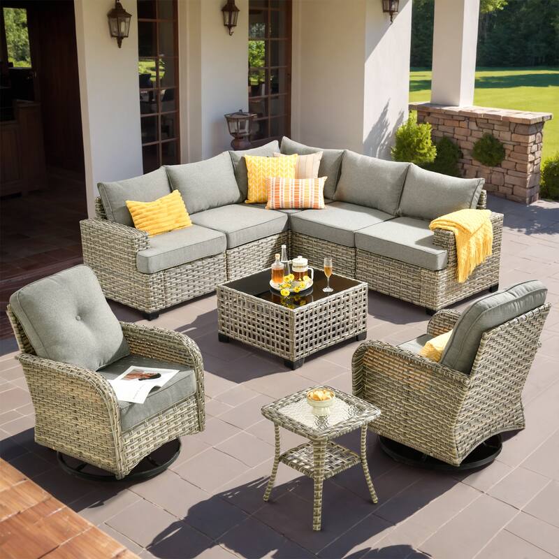 OVIOS 9 Pieces Swivel Chair Set Wide Arm T shaped Seat With Solar-Powered Coffee Table - DrakGrey