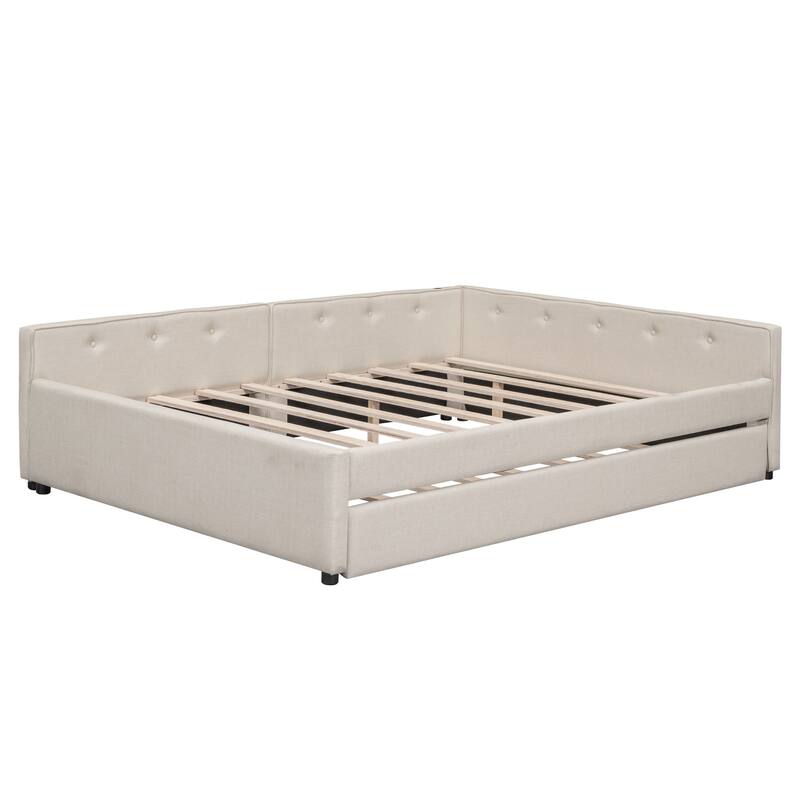 Full/Queen Upholstered Platform Bed with USB Ports & Twin Size Trundle, Wooden Daybed with Upholstered Headboard & Slats Support