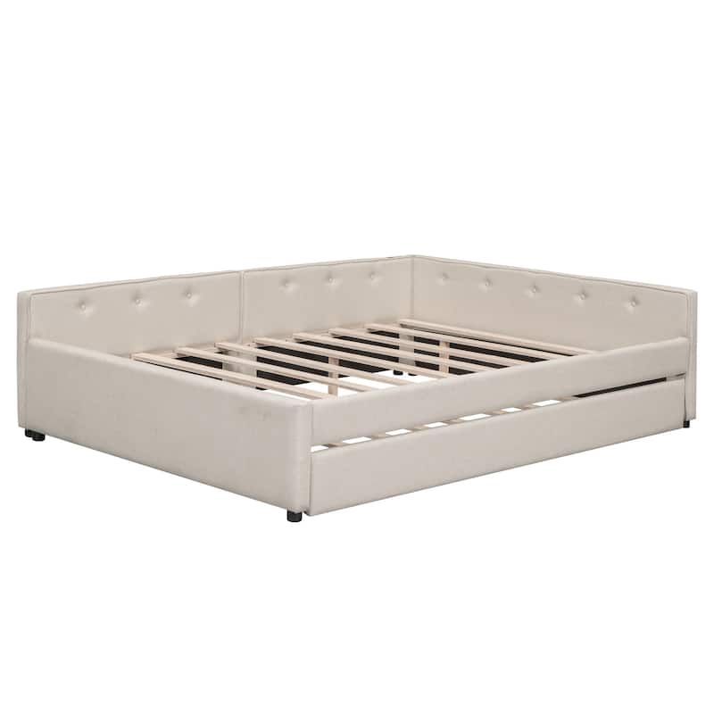 Queen Size L-shaped Upholstered Platform Bed Frame with USB and Wood Slats Support, Pull-out Trundle Bed, Beige