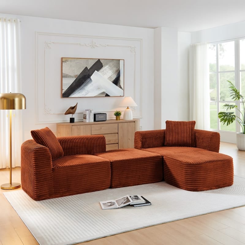 114" Modern Corduroy Modular Sofa with Movable Ottoman for Living Room - Orange