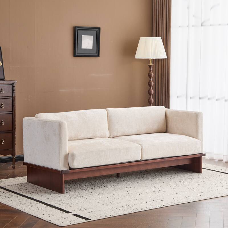 77 inch Square Arm Modern 3 Seater Boucle Sofa Upholstered Couch with Solid Wood Base - Beige