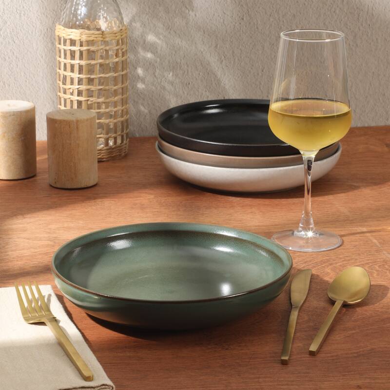 Gibson Elite Beckett 4-Piece Dinner Bowl Set - Reactive Glaze Stoneware - Shallow Pasta Bowls