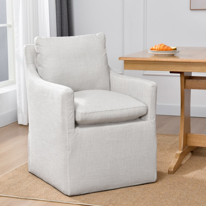 Upholstered Swiveling Rolling Linen Dining Chair - Single - Armrest-Cream