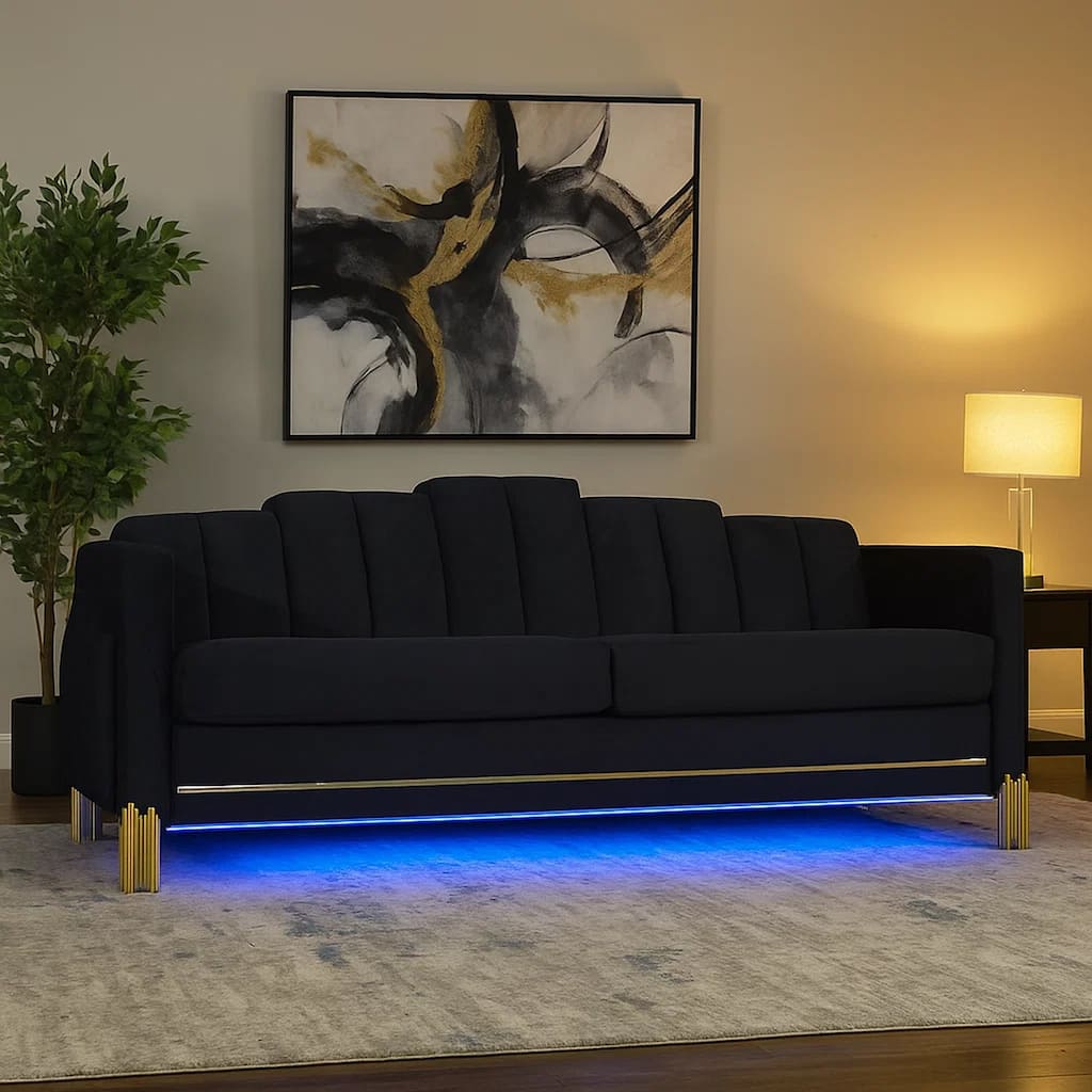 Theo Sofa, Black Velvet, Blue LED Lights, Gold Metal Legs, 83 Inch