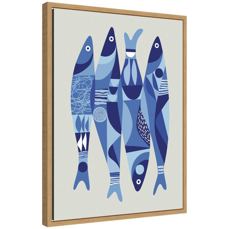 Kate and Laurel Sylvie Modern Coastal Sardines in Blue Framed Canvas by Rachel Lee - 18x24