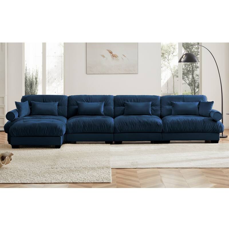L-shaped Convertible Velvet Sectional Cloud Sofa with Ottoman & Pillows - Blue