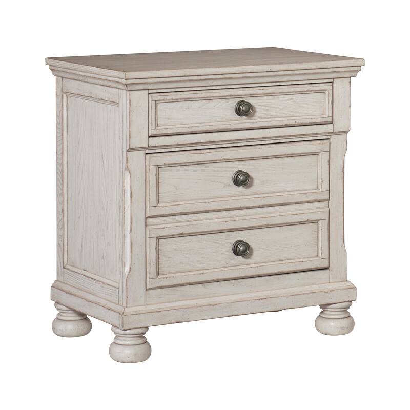 Transitional Wire-Brushed White Nightstand, Hidden Drawer, Bun Feet, Classic Style