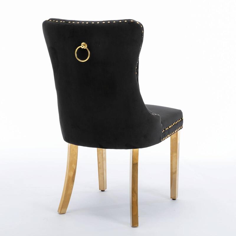 Tufted Velvet Dining Chairs - Solid Wood - Golden Stainless Steel Legs - Nailhead Trim - Set of 2