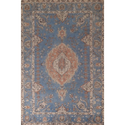 Blue Tabriz Persian Vintage Area Rug Handmade Wool Carpet - 6'11"x 10'9"