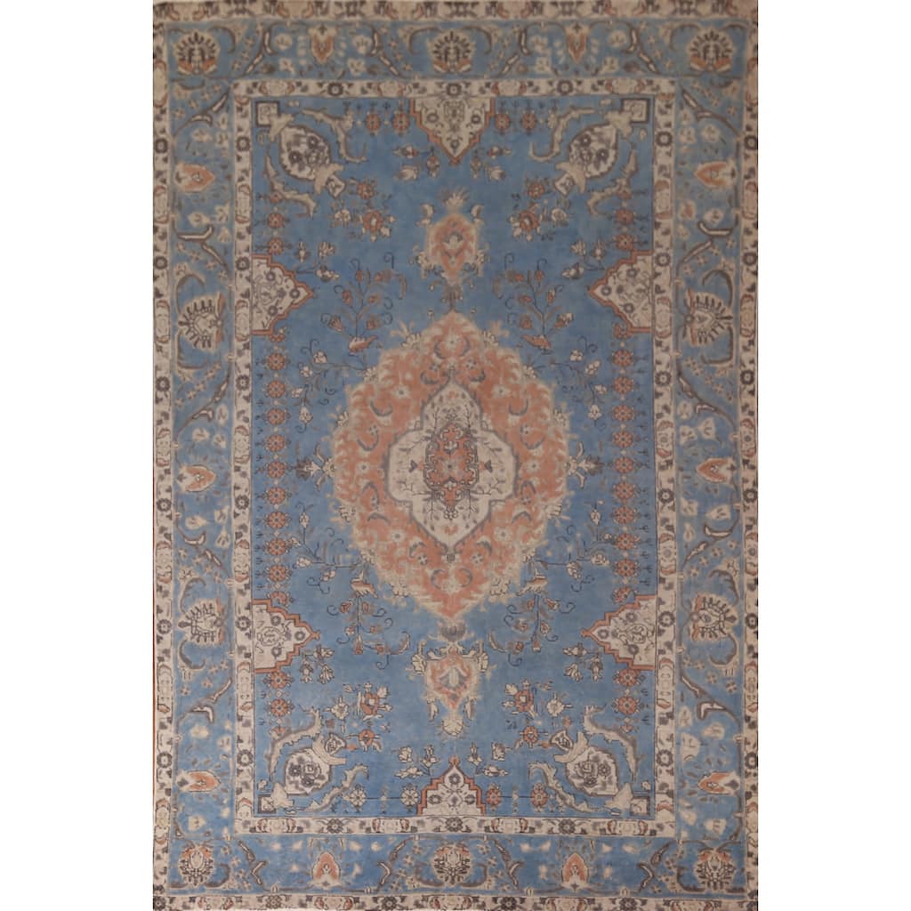 Blue Tabriz Persian Vintage Area Rug Handmade Wool Carpet - 6'11"x 10'9"