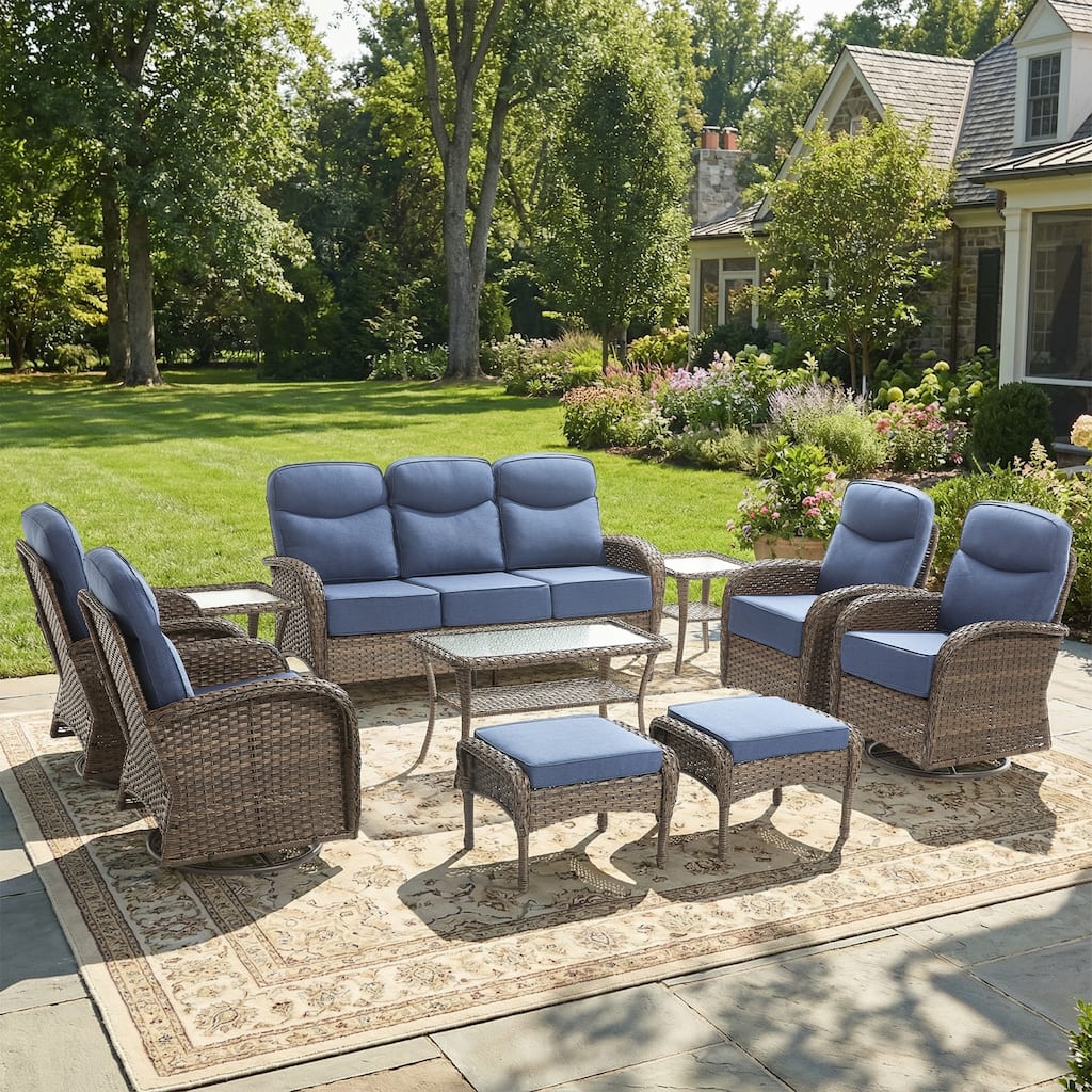 Pocassy Outdoor 10-Piece Sofa Swivel Chair Ottoman with Table