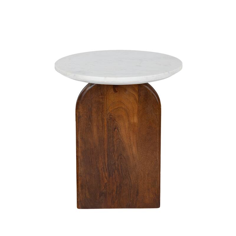 Modern Round Side Table with Banswara Marble Top & Stained Mango Wood Base - Elegant Accent Table