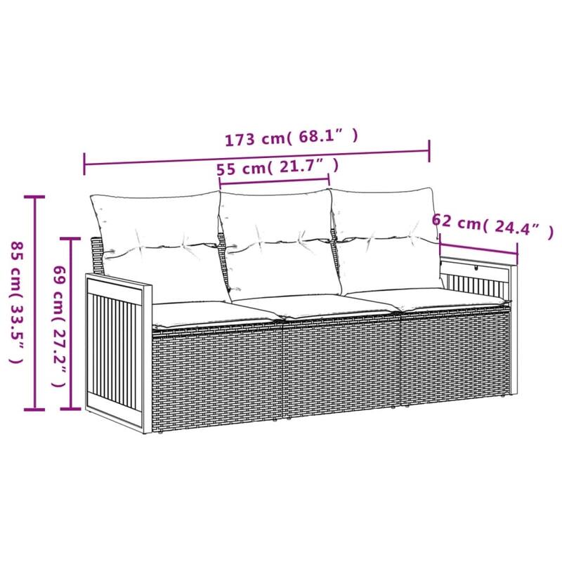 vidaXL 3/4 Piece Patio Sofa Set with Cushions Black/Gray Poly Rattan - 21.7 x 24.4 x 27.2