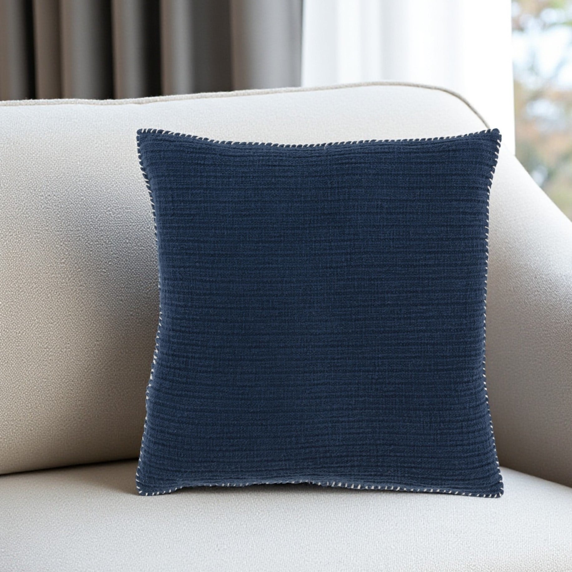 HomeRoots 22" Navy Blue Striped Cotton Throw Pillow