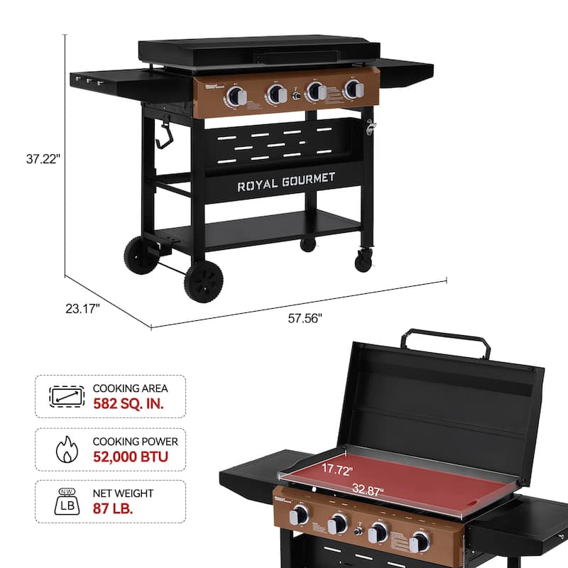 Royal Gourmet 4-Burner Gas Griddle with Hood and Side Shelves