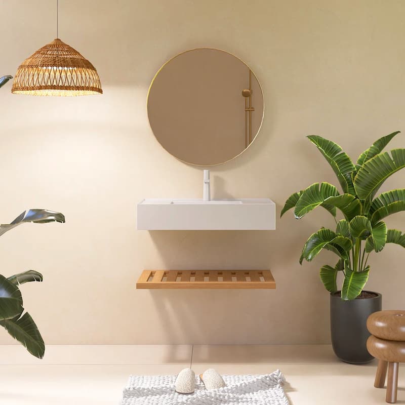 Wall-Mounted Bathroom Vanity in Natural Wood with White Integrated Acrylic Sink