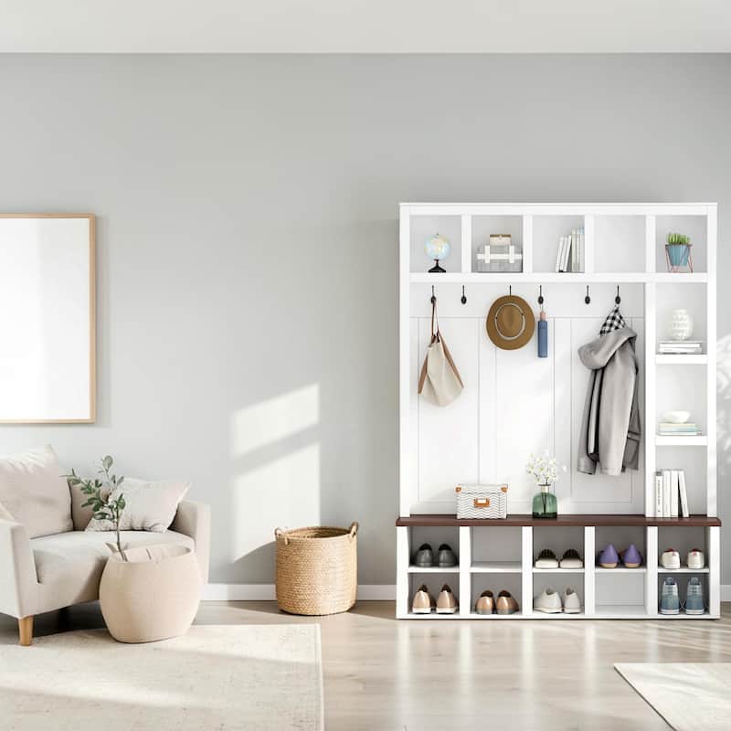 Farmhouse Entryway Hall Tree with Coat Rack, 13 Cubbies Shoe Storage, Adjustable Shelves & Walnut Bench