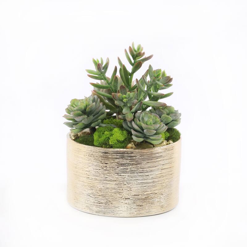 Faux Sedum & Succulent Arrangement in Etched Golden Pot - Green