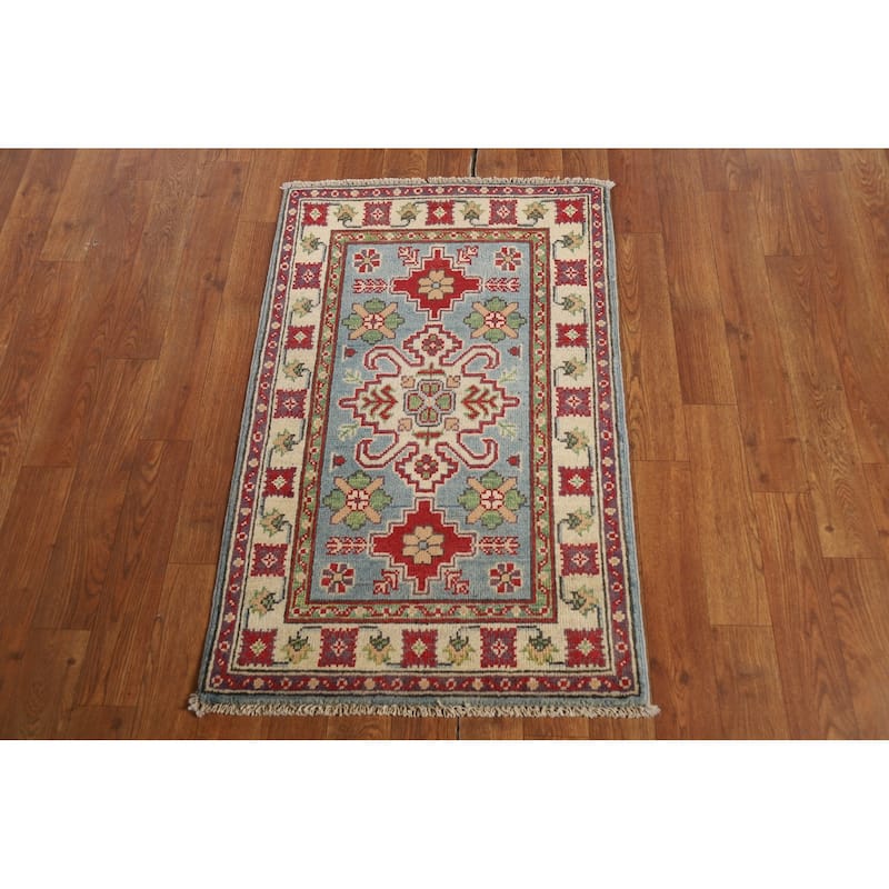 Geometric Blue Kazak Oriental Foyer Rug Handmade Wool Carpet - 2'0" x 3'0"