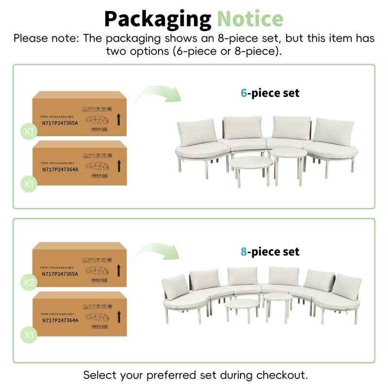 6/8-Piece Half Moon PE Wicker Patio Sectional Set with Dual Coffee Tables