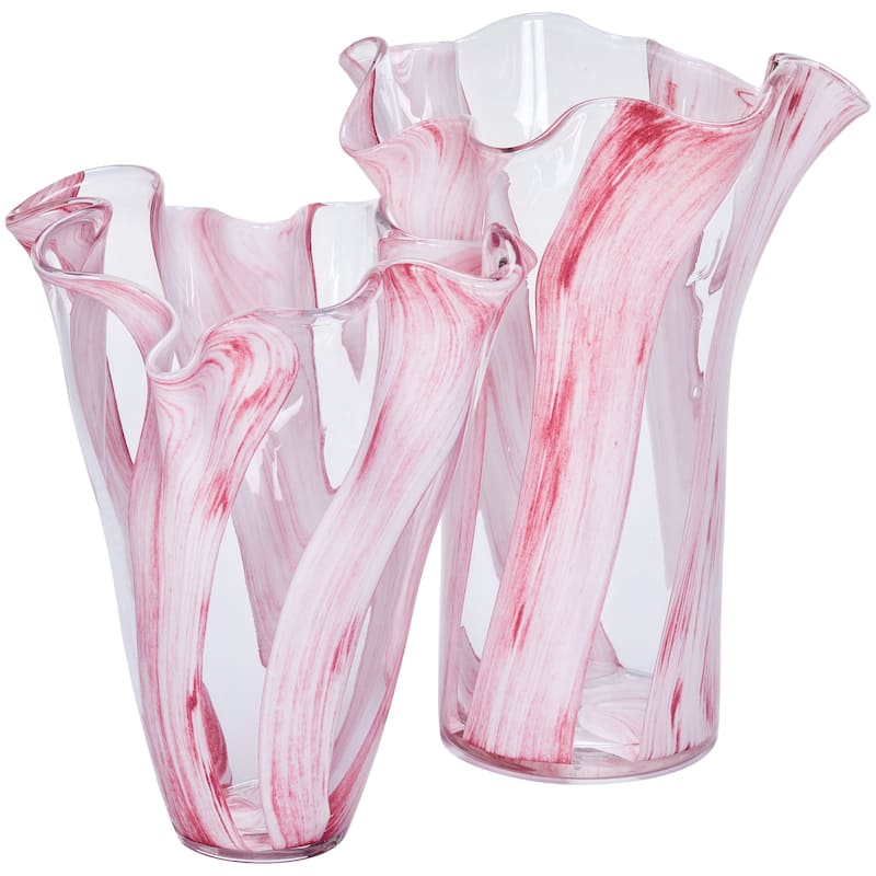 Set of Two Pink Striped Handblown Glass Vases with Scalloped Edges - Pink