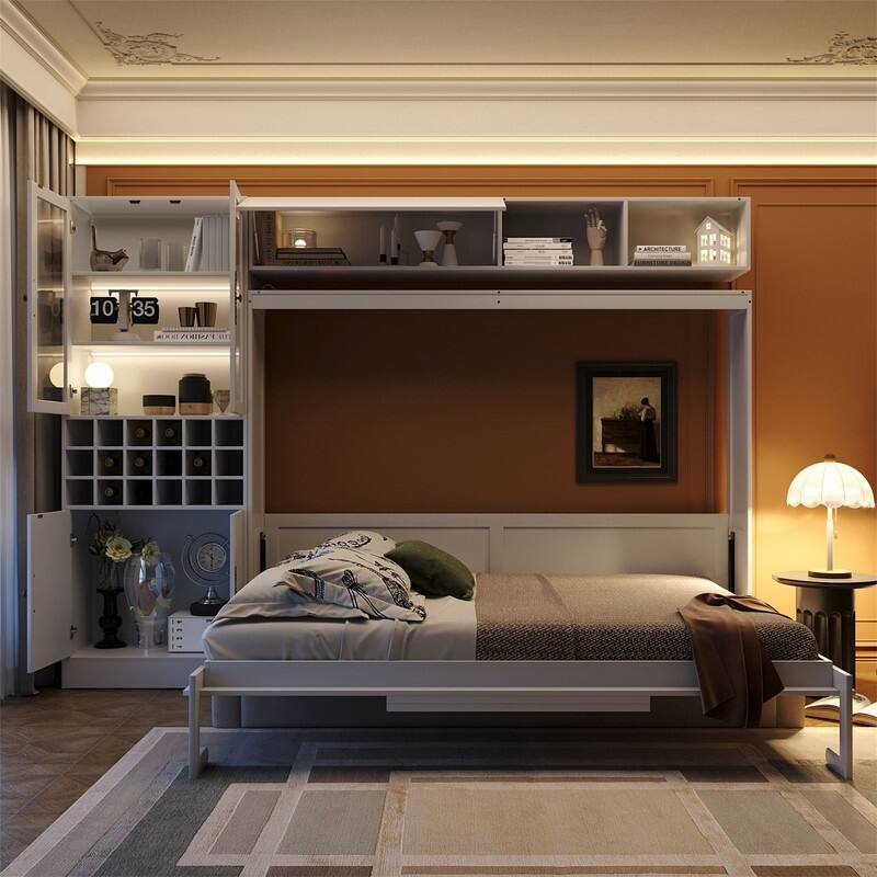 Full/Queen Size Murphy Wall Bed with Sofa, Light and USB Ports, Space Saving Foldable Murphy Cabinet Bed w/ Wine Rack & Shelves