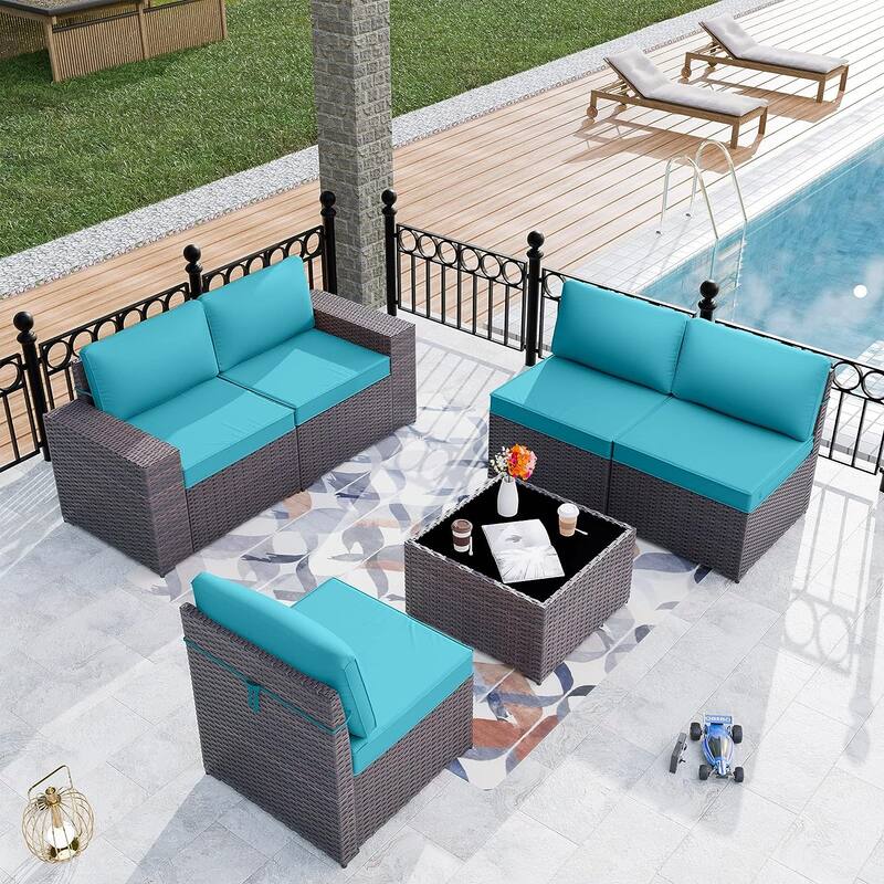 Delnavik Patio Furniture Set Sofa 6-Piece Wicker Sectional Sofa Set, Outdoor Furniture Rattan Patio Sofa Conversation Set