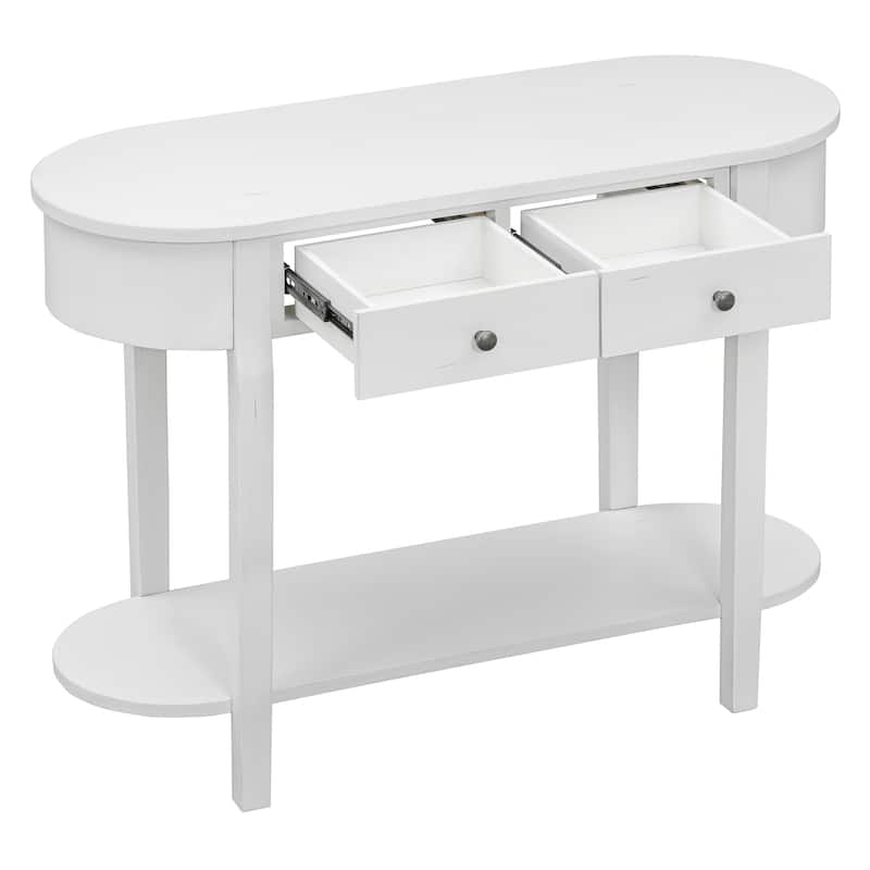 40" Solid Wood Console Table with Real Wood Veneer, 2 Drawers and Lower Shelf, MDF and Pine Frame