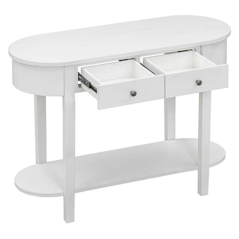 Curved Console Table with 2 Storage Drawers and Metal Handles, Wooden Hallway Tables Entryway Table wOpen Storage Shelf