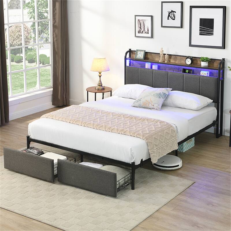 Queen Size Platform Bed Frame, Storage Headboard with Charging Station