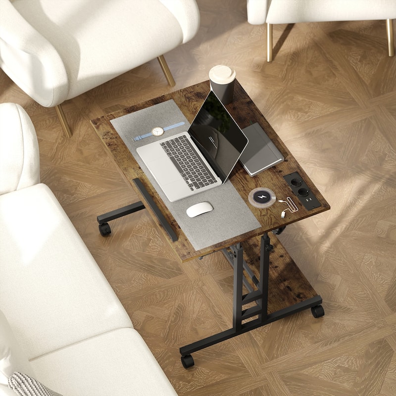 Adjustable Height Office Desk with Tiltable Panels Charging Station and Wheels Brown Standing Desk for Home Office