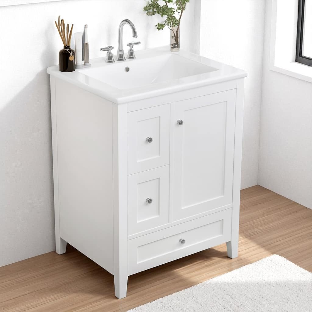 24" Bathroom Vanity with Sink, Adjustable Shelf, 3 Drawers, and Glossy White Finish - Freestanding MDF Cabinet,Storage Organizer
