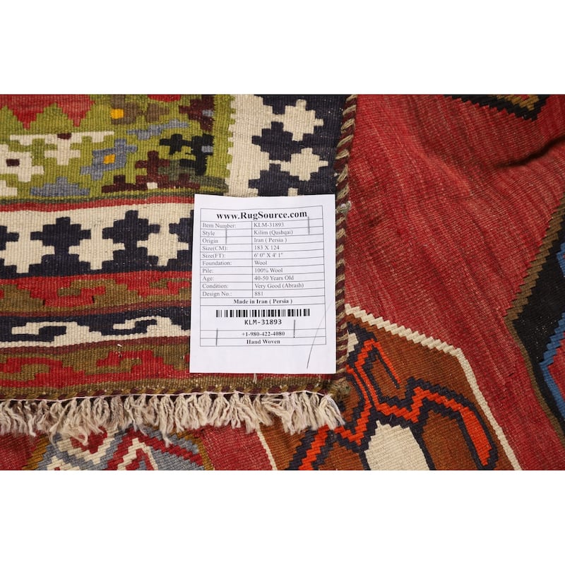 Kilim Qashqai Persian Vintage Rug Hand-Woven Reversible Wool Carpet - 4'1"x 6'0"