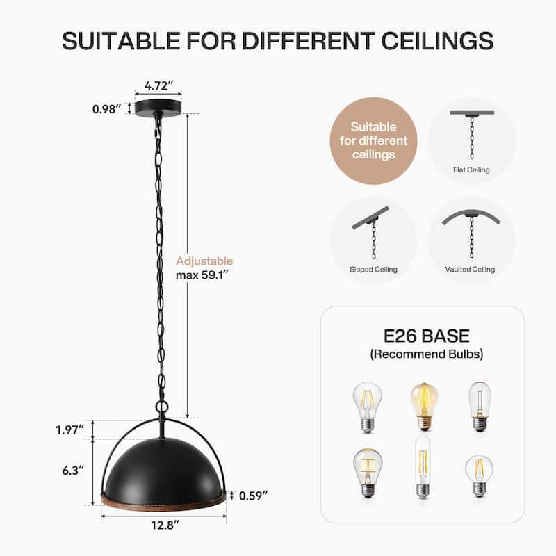 13" Metal Pendant, 1-Light Industrial Pendant Lights With Adjustable Height