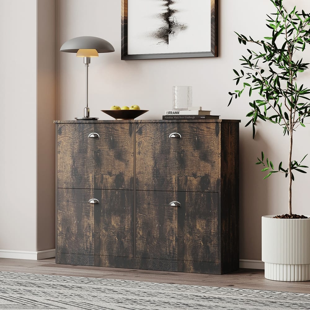 Shoe Cabinet,Hidden Slim Narrow Shoe Rack Cabinet with 4 Drawers for Entryway, Foyer,Hallway,Bedroom,Original Wood Color