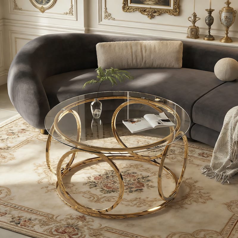 31.5" Modern Round Glass Top Coffee Table with Circular Metal Frame