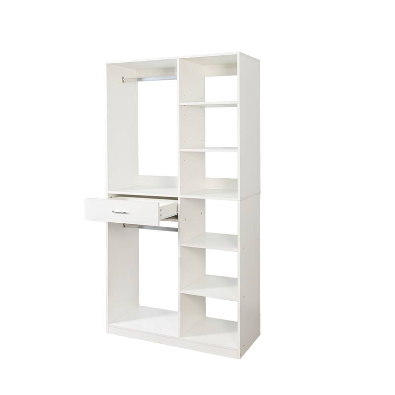 Roomfitters Freestanding Closet System, 74.8" Stand-Alone Wardrobe with 6 Open Shelves, 2 Hanging Rods, and 1 Drawer, White