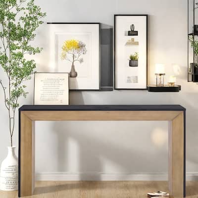 59" MDF Console Table with Fireplace Design and Wood Veneer for Living Room