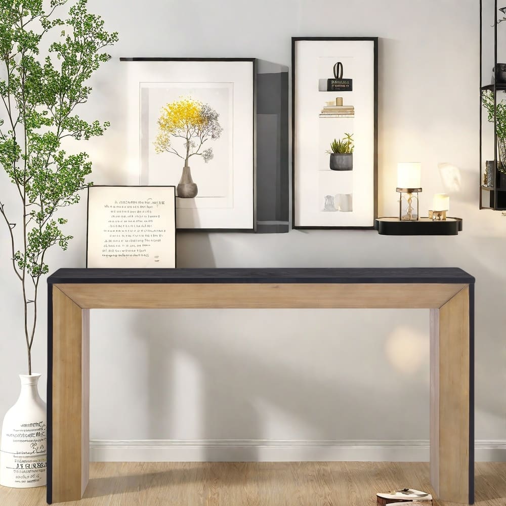 59" MDF Console Table with Fireplace Design and Wood Veneer for Living Room