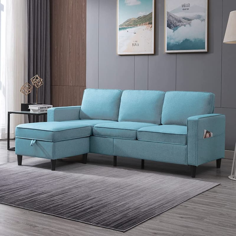 Mixoy Convertible Sectional Sofa Couch, 3 Seat L Shaped Sofa Upholstered Couch with Flexible Storage Ottoman - Blue