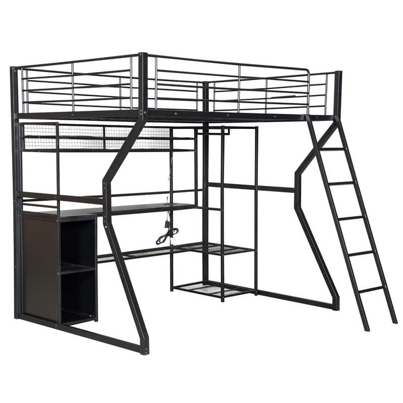 Full Size Metal Gaming Bed with Built-in Desk and LED Light, Storage Loft Bed Frame with Open Wardrobe and Multiple Shelves