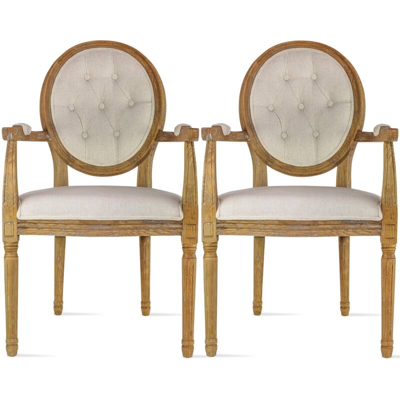 Set of 2 Cream Color Upholstered Button Tufted Back Fabric Dining Modern Arm Chair With Padded Seat Solid Wood Legs