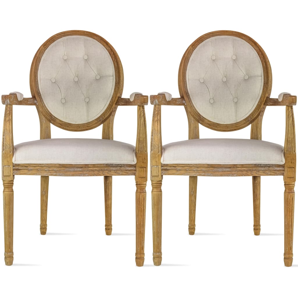 Set of 2 Cream Color Upholstered Button Tufted Back Fabric Dining Modern Arm Chair With Padded Seat Solid Wood Legs