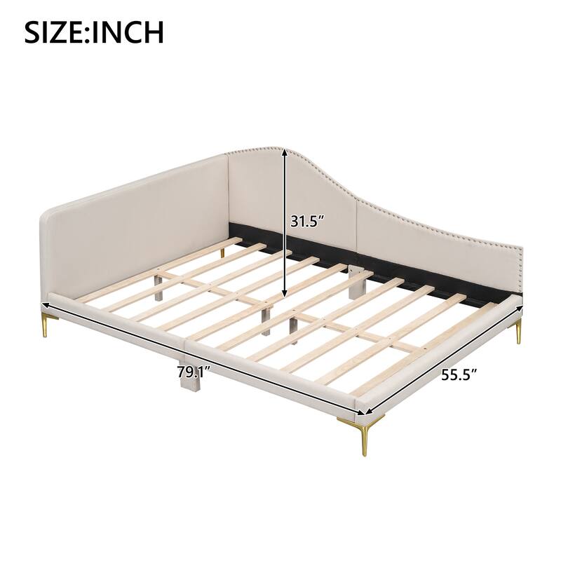 Modern Upholstered Full Size Daybed with Headboard and Armrest, Beige Linen Fabric, Sturdy Wood Frame